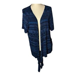 Vintage Slinky Brand Open-Front Blue Geometric Pattern Short-Sleeve Cardigan